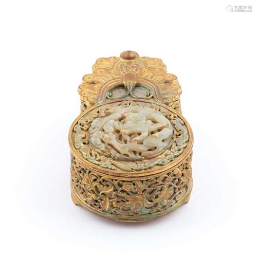 CARVED WHITE JADE INLAID GILT BRONZE LIDDED BOX