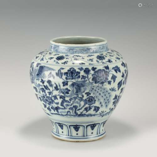 MING BLUE AND WHITE PEACOCK JAR