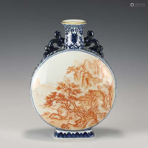 QIANLONG RED LANDSCAPE OPEN FACE MOON VASE