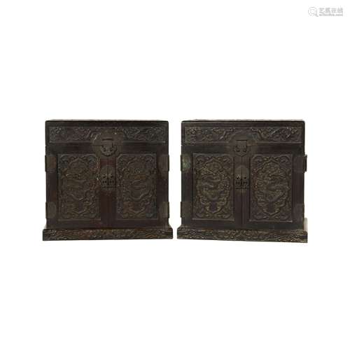 PAIR ZITAN CARVED OFFICIAL SUITCASE BOXES