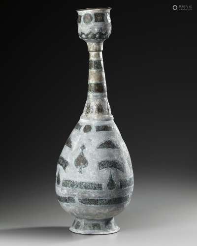 A LARGE KHORASSAN BRASS INLAID PEWTER FLASK, PERSIA,
