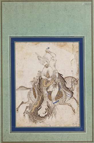 A PRINCE HUNTING, ATTACKED BY A DRAGON, QAJAR, I…