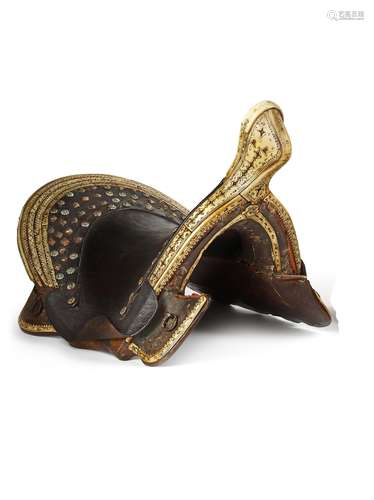 FINELY DECORATED WOOD SADDLES AND A FELT SADDLE COVER,