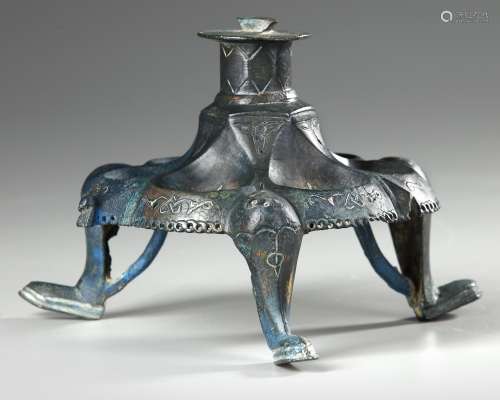 A KHORASAN SILVER INLAY LAMP STAND BASE , PERSIA, 12TH