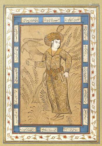 A PERSIAN MINIATURE YOUTH WITH FALCON, STYLE OF