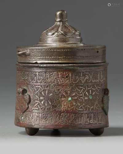 A BRONZE PERSIAN SILVER INLAID INKWELL