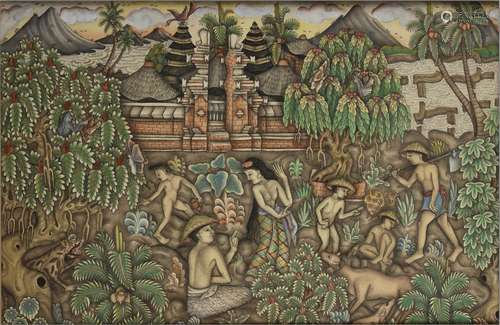 AN UBUD PAINTING DEPICTING FARMLANDS AND A TEM…