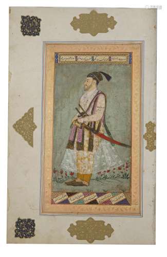 A MUGHAL EMPEROR STANDING IN A LANDSCAPE, 19TH …