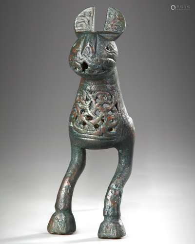 A BRONZE FINIAL IN THE FORM OF HARE, POSSIBLY FATIMID,