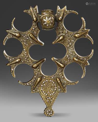 A BRASS WITH SILVER INLAY DOORKNOCKER, PROBABLY SPAIN,