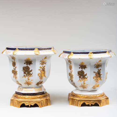 Pair of Gilt-Metal-Mounted Sevres-Style Porcelain