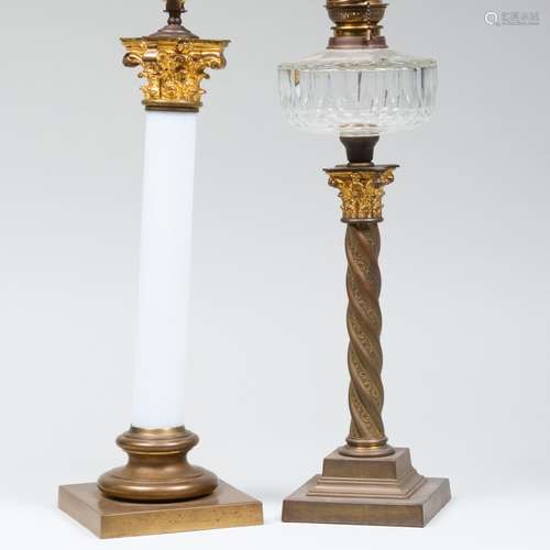 Gilt-Metal-Mounted Opaline Glass Columnar Lamp and a