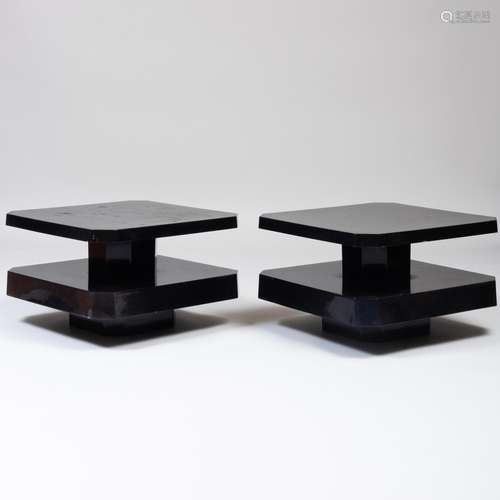 Two Modern Ebonized Plastic Two-Tier Low Tables