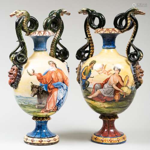 Pair of Continental Majolica Twin Snake Handle Vases