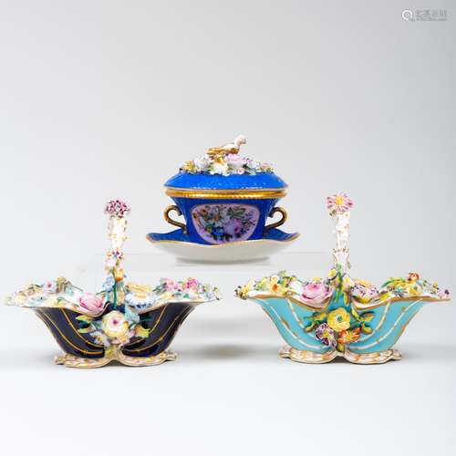 Two English Flower Encrusted Porcelain Baskets and a