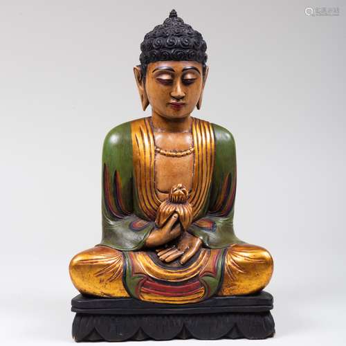 Asian Polychromed Wood Figure of Buddha