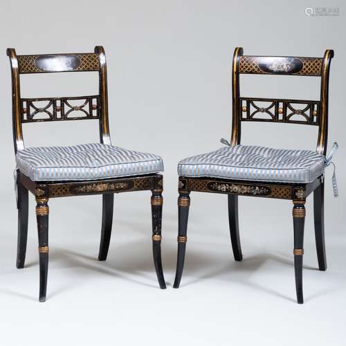 Pair of Regency Style Black, Gold and Grisaille Painted