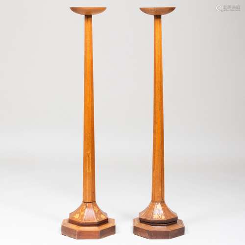 Pair of Tall English Oak and Parcel-Gilt Torchères