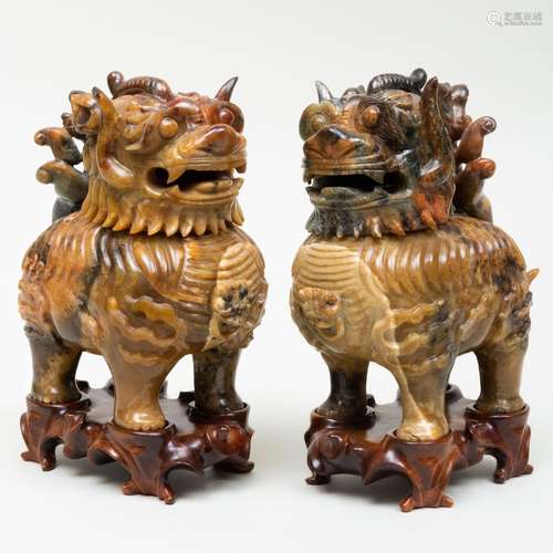 Pair of Chinese Hardstone Buddistic Lion Form Vessels