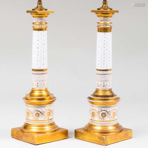 Pair of Paris Porcelain Gilt-Decorated Columnar Lamps