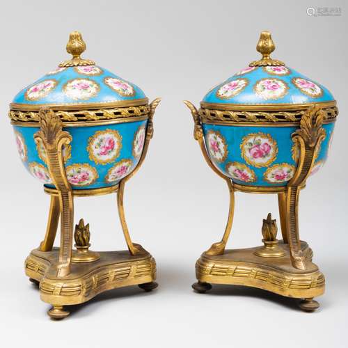 Pair of Gilt-Metal-Mounted Sèvres Style Turquoise