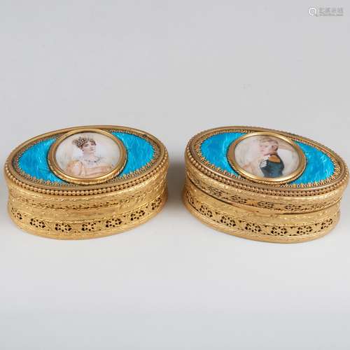 Pair of Continental Guilloche Enamel and Gilt-Metal