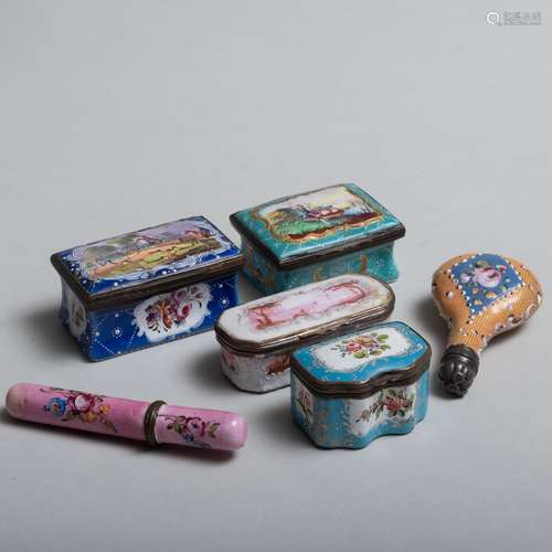 Group of Four Staffordshire Enamel Snuff Boxes, a