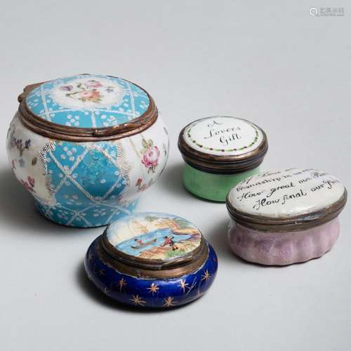 Group of Four Staffordshire Enamel Snuff Boxes