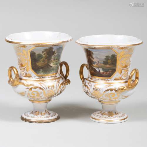 Pair of Derby Porcelain Topographical Urns