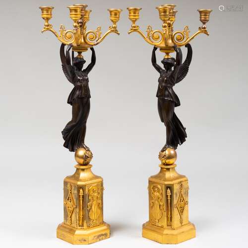 Pair of Empire Bronze and Ormolu Five-Light Candelabra