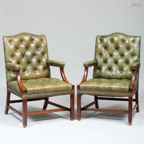 Pair of George III Style Mahogany and Green Tufted