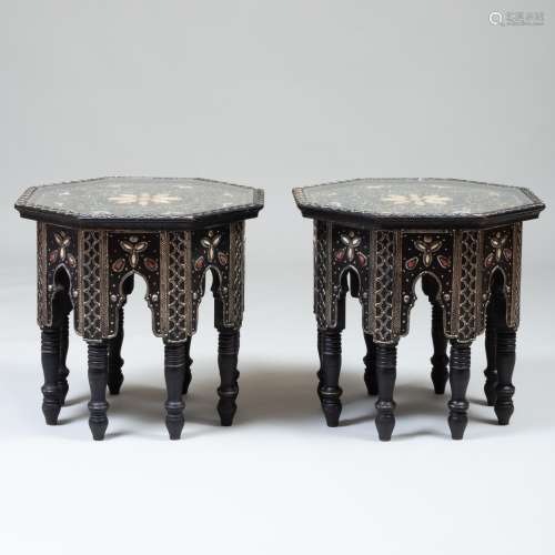 Pair of Moroccan Ebonized and Bone Inlaid Octagonal Low