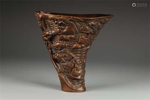 A Chinese Carved Agarwood Figure Patterned Cup