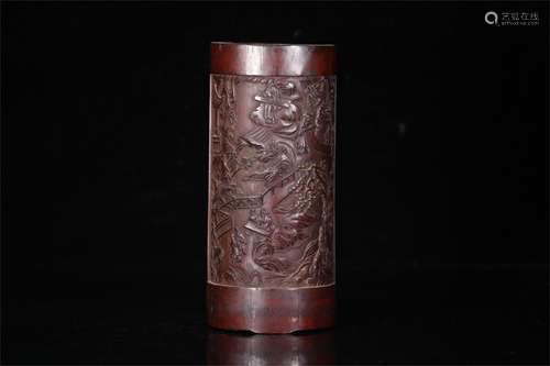 A Chinese Carved Bamboo Landscape Patterned Brush Pot