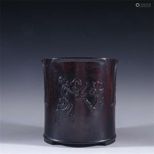 A Chinese Zitan Wood Dragon Patterned Brush Holder