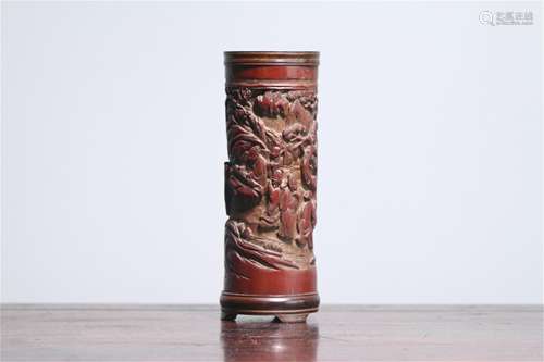 A Chinese Bamboo Brush Pot with Calligraphy