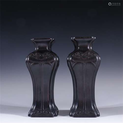 A Pair of Chinese Carved Zitan Wood Vases