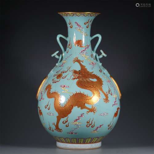 A Chinese Green Underglazed Porcelain Dragon Vase