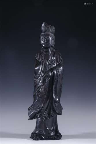 A Chinese Carved Zitan Wood Guanyin Statue