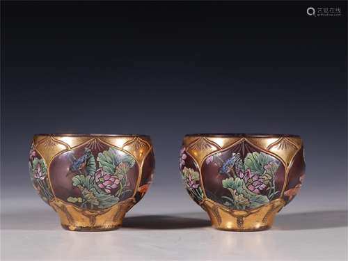 Pair of Chinese Color Glazed Flower Patterned Cups