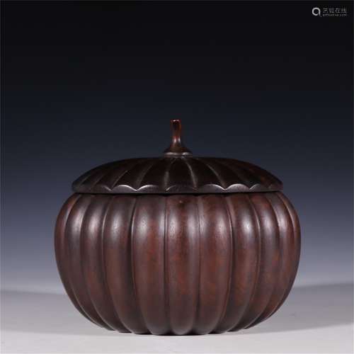 A Chinese Carved Zitan Wood Pumpkin Shaped Jar with Lid