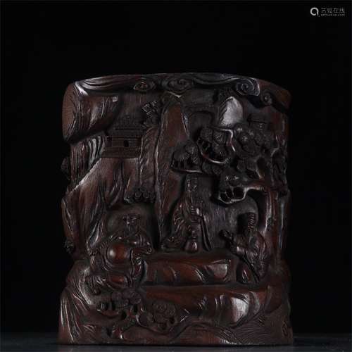 A Chinese Carved Agarwood Figure Patterned Brush Pot