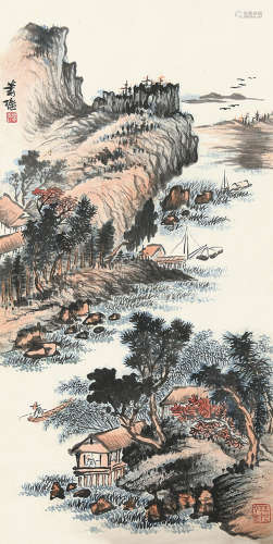 萧愻（1883～1944） 远山垂钓 立轴 设色纸本