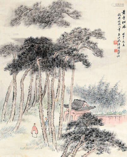 沈塘（1865～1921） 戊申（1908）年作 萧寺松风 立轴 设色绢本