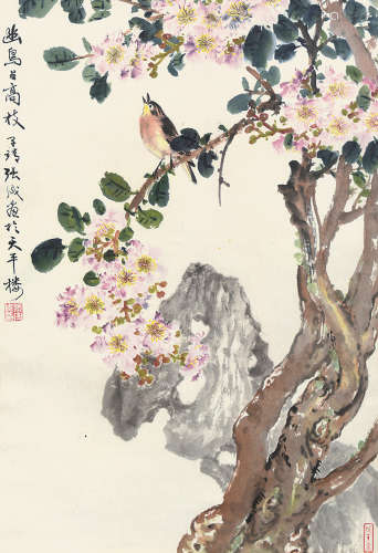张守成（1918～2013） 幽鸟占高枝 镜框 设色纸本