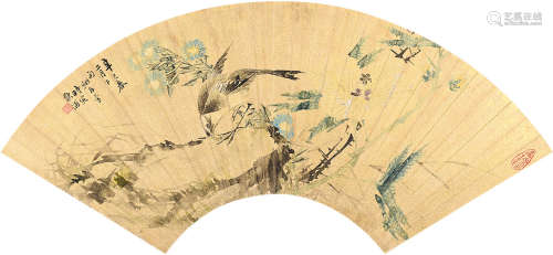 沈翊清（1861～1908） 辛巳（1881）年作 雀鸟图 扇片 泥金设色纸本
