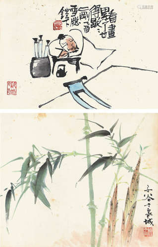 刘仁刚（b.1947）柳子谷（1901～1986） 偷闲 幽篁 双挖立轴 设色纸本