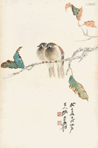 张大千（1899～1983）（款） 双雀图 屏轴 设色纸本