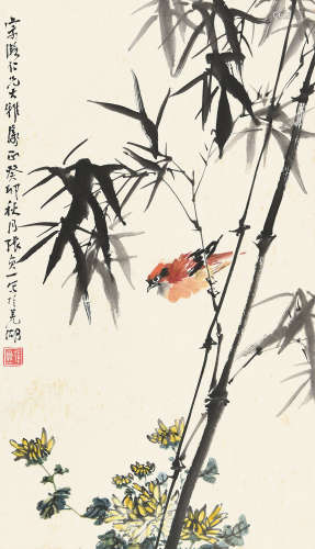 张贞一（1905～1985） 癸卯（1963）年作 竹雀图 立轴 设色纸本