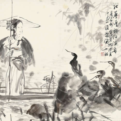 吴山明（b.1941） 庚辰（2000）年作 渔乐图 镜片 水墨纸本